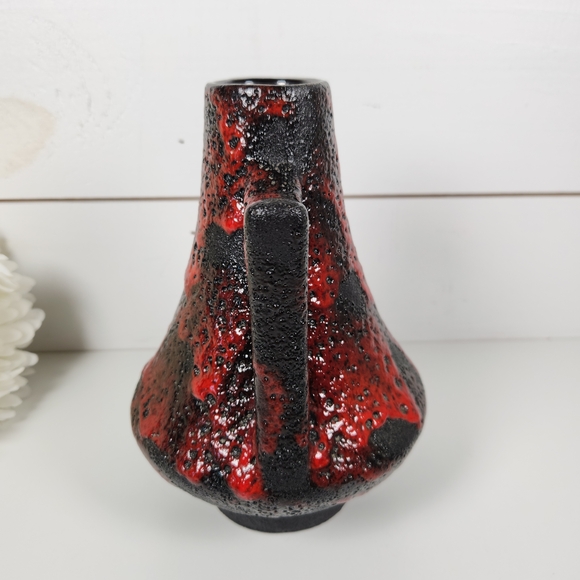 70s West Germany Fat Lava Vase 44-25 | Black & Red Handled Vase | Mid Century - Picture 4 of 12